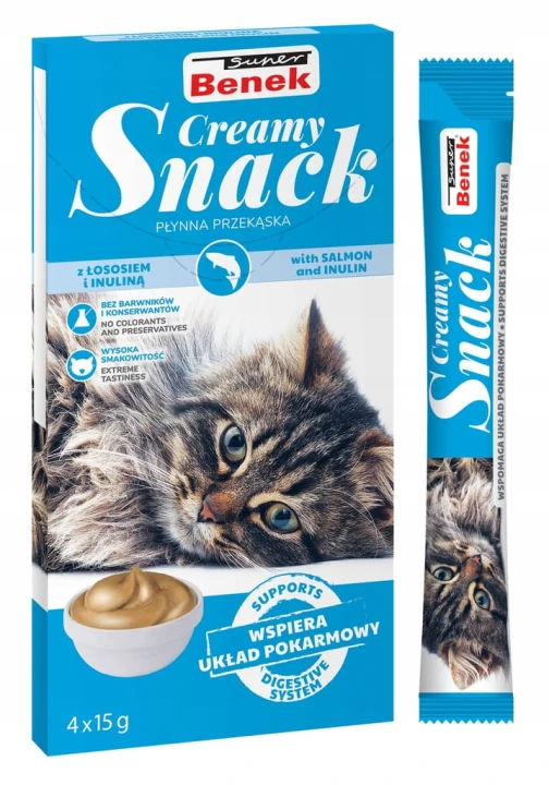 Super Benek Creamy Snack przekąska dla kotów z łososiem i inuliną (4x15 g)