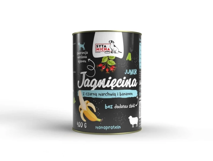 Syta micha karma mokra dla szczeniąt jagnięcina z marchwią i bananem 400g