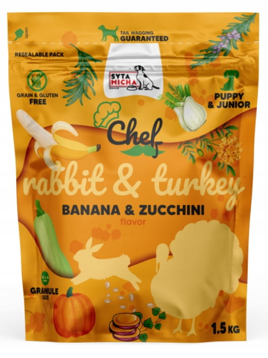 Syta Micha sucha karma dla szczeniąt królik i indyk, banan i cukinia 1.5kg