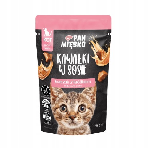 Pan Mięsko karma mokra dla kociąt kawałki w sosie kurczak z królikiem 85g