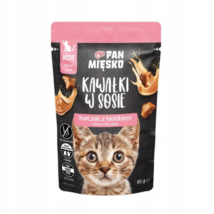 Pan Mięsko karma mokra dla kociąt kawałki w sosie kurczak z królikiem 85g