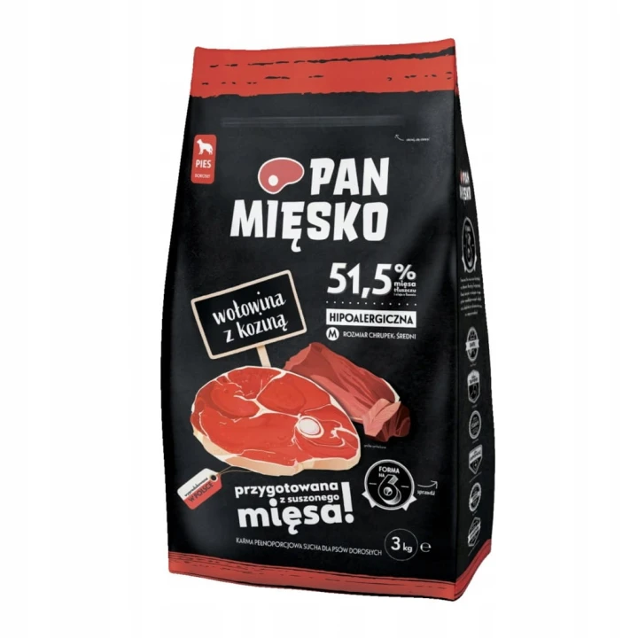 Pan Mięsko karma sucha dla psa hipoalergiczna wołowina z koziną M 3kg