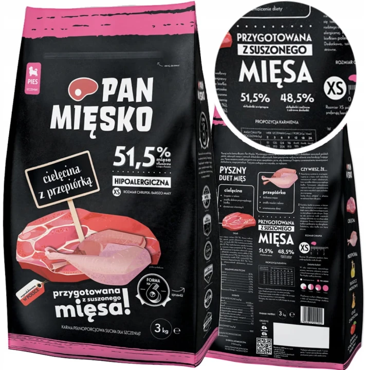 Pan Mięsko sucha karma dla szczeniąt XS z cielęciną i przepiórką 3 kg