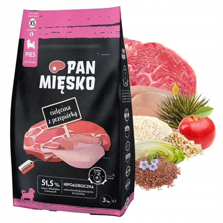 Pan Mięsko sucha karma dla szczeniąt XS z cielęciną i przepiórką 3 kg